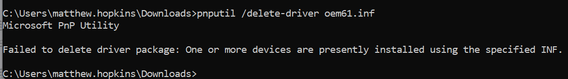 Pnputil delete-driver error message.