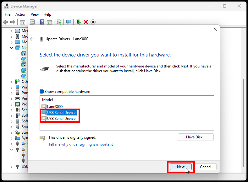 Select USB Serial Device driver.